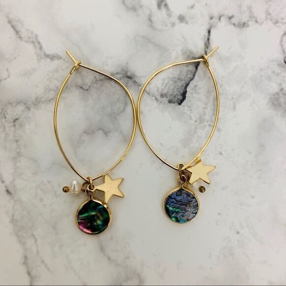 Abalone, Pearl & Star Charm Drop Hoop Earrings - Picture 8 of 8